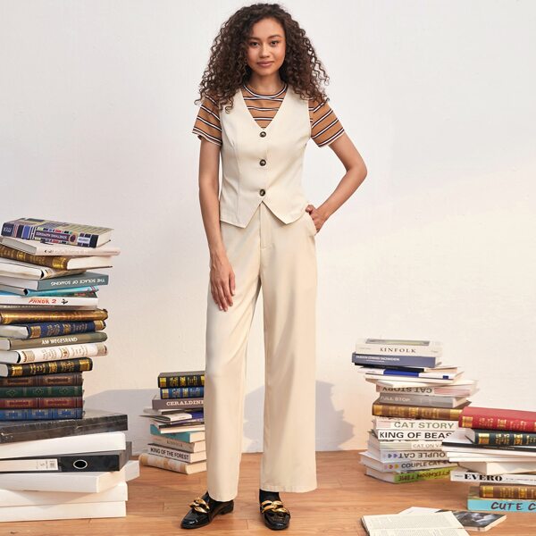 

Solid Button Front Vest & Straight Leg Pants, Khaki