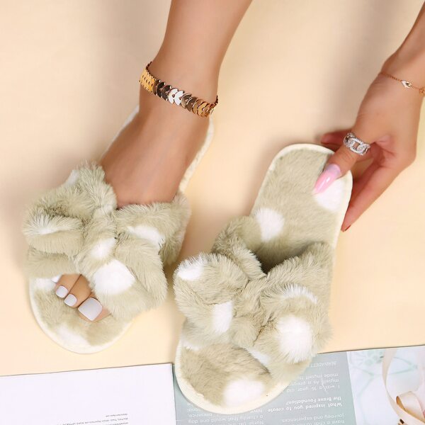 

Polka Dot Bow Decor Fluffy Slippers, Green