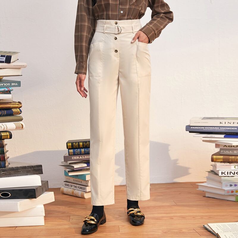 

High Waist Belted Straight Leg Pants, Apricot