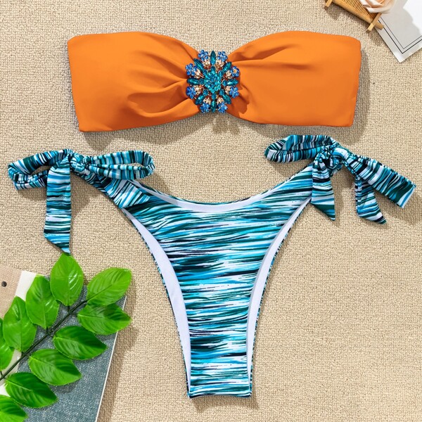 

Gemstone Decor Bandeau Tie Side Bikini Swimsuit, Multicolor
