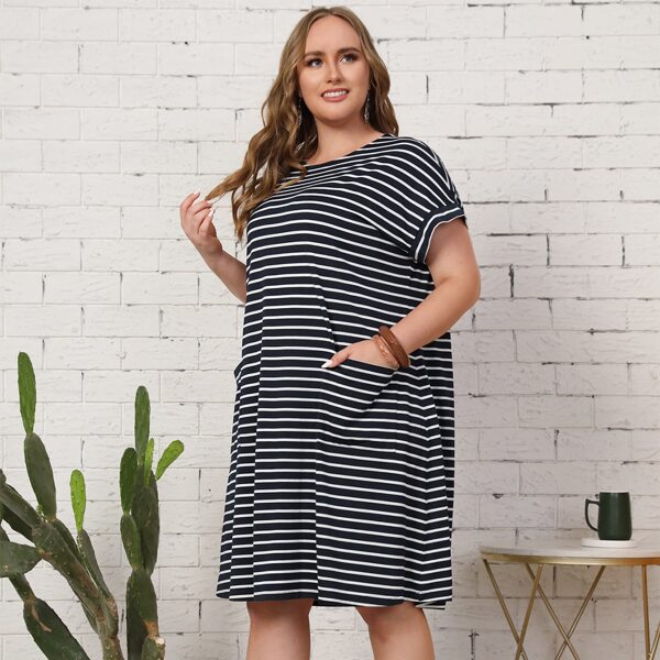

Plus Striped Print Pocket Patched Dress, Blue and white