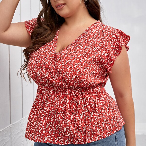 

Plus Ditsy Floral Ruffle Cuff Smock Blouse, Red