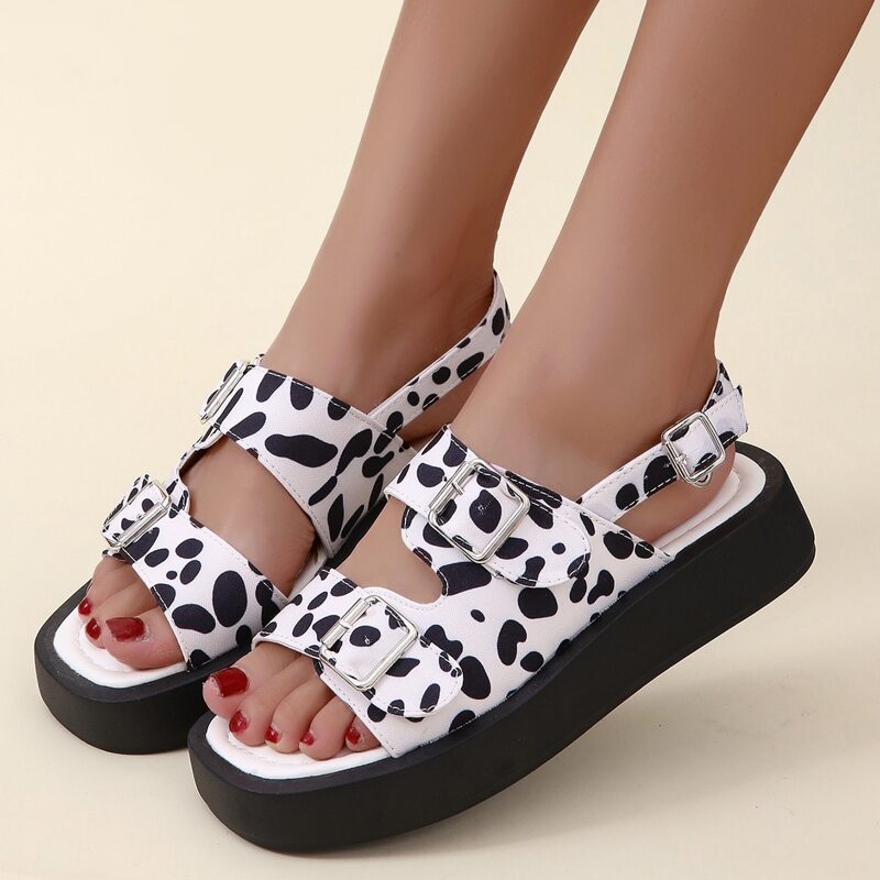 

Cow Print Wedge Sandals, Black and white