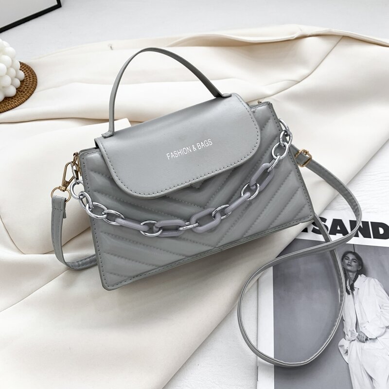 

Quilted Chain Satchel Bag, Grey