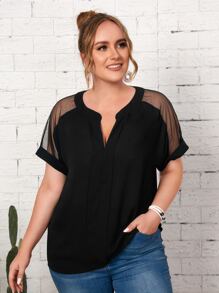 EMERY ROSE Plus Notch Neck Sheer Mesh Insert Top - Black - View 1