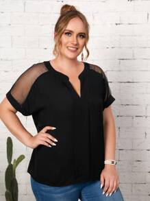 EMERY ROSE Plus Notch Neck Sheer Mesh Insert Top - Black - View 3