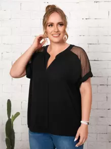 EMERY ROSE Plus Notch Neck Sheer Mesh Insert Top - Black - View 4