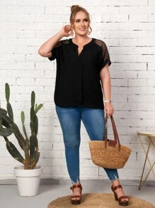 EMERY ROSE Plus Notch Neck Sheer Mesh Insert Top - Black - View 5