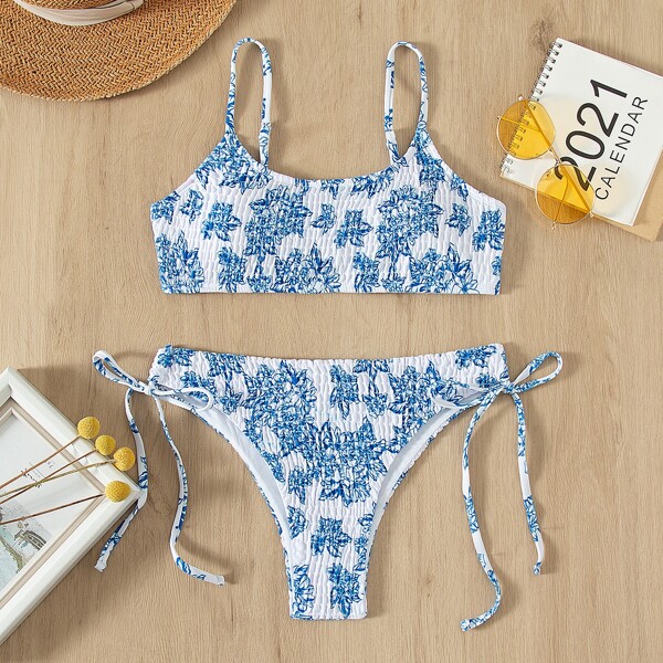 

Floral Print Smocked Tie Side Bikini Swimsuit, Blue and white