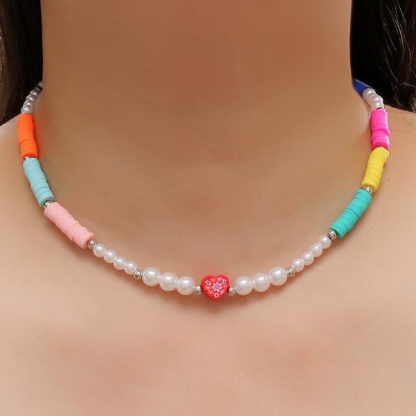 

Faux Pearl & Soft Clay Beaded Necklace, Multicolor