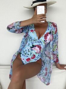 SHEIN Swim 夏季 2 件装花朵低胸连体泳衣和和服 - 彩色 - 查看 1