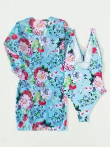 SHEIN Swim 夏季 2 件装花朵低胸连体泳衣和和服 - 彩色 - 查看 2