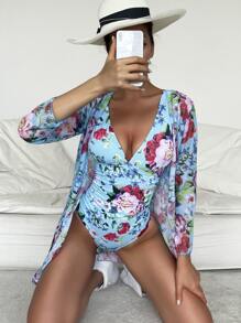 SHEIN Swim 夏季 2 件装花朵低胸连体泳衣和和服 - 彩色 - 查看 3