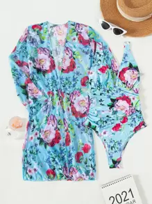 SHEIN Swim 夏季 2 件装花朵低胸连体泳衣和和服 - 彩色 - 查看 4