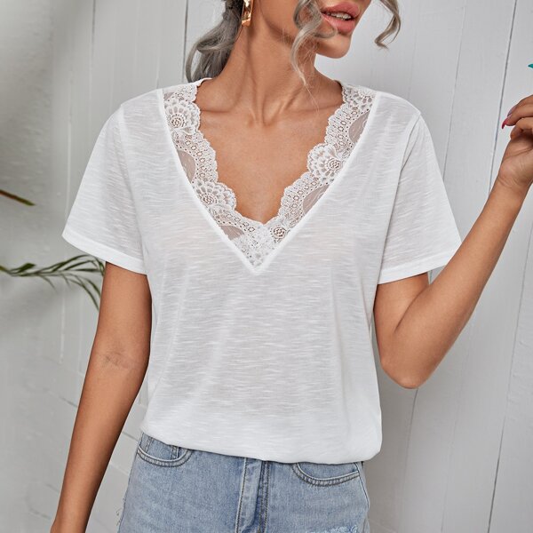 

Lace Panel V-Neck Tee, White