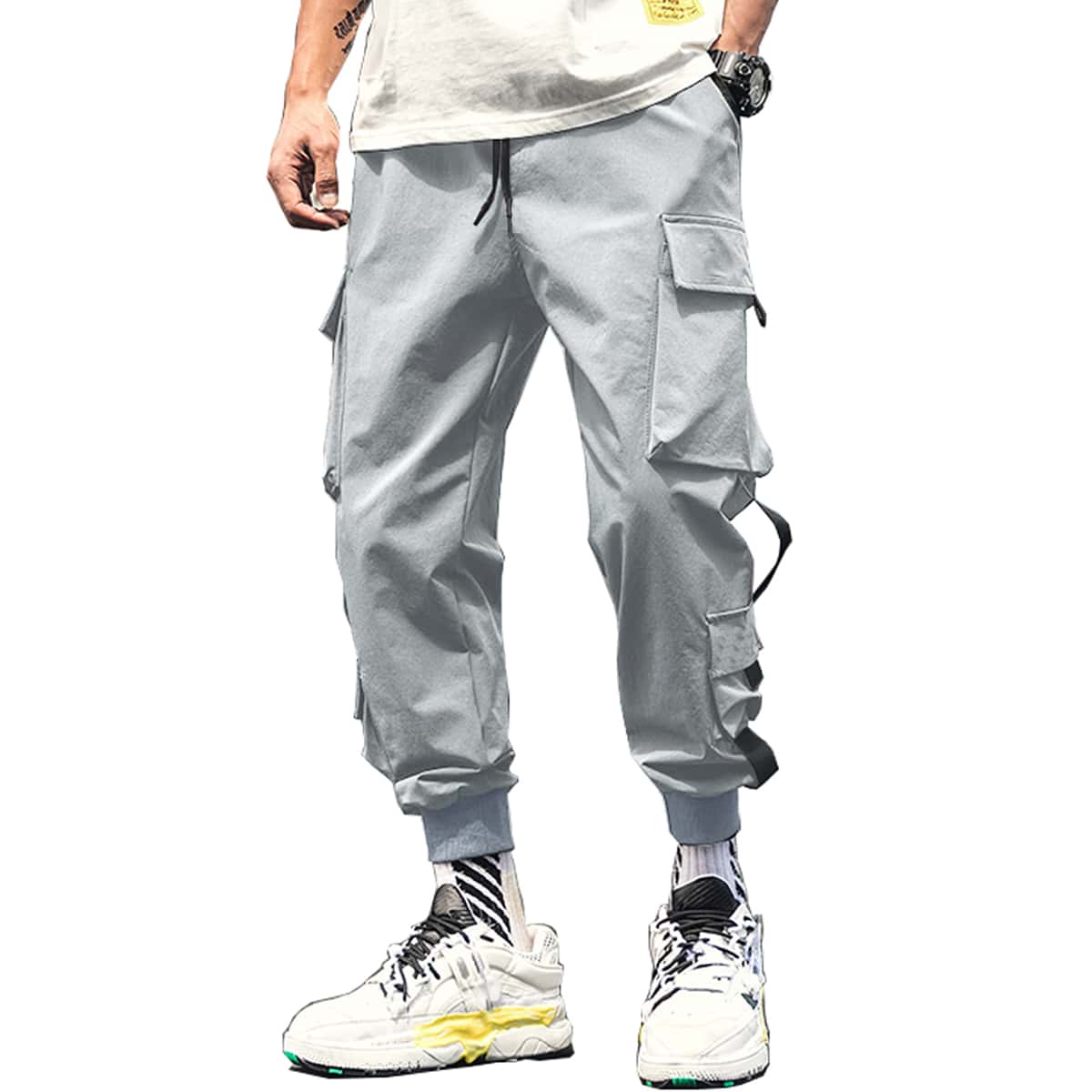 

Guys Flap Pocket Tape Panel Cargo Pants, Light grey