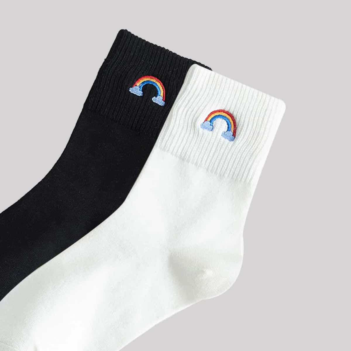 

2pairs Rainbow Embroidery Crew Socks, Multicolor