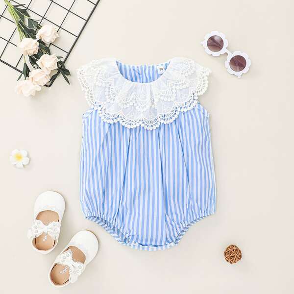 

Baby Girl Contrast Lace Striped Bodysuit, Blue