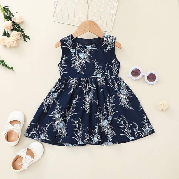 

Baby Girl Plants Print Dress, Navy blue