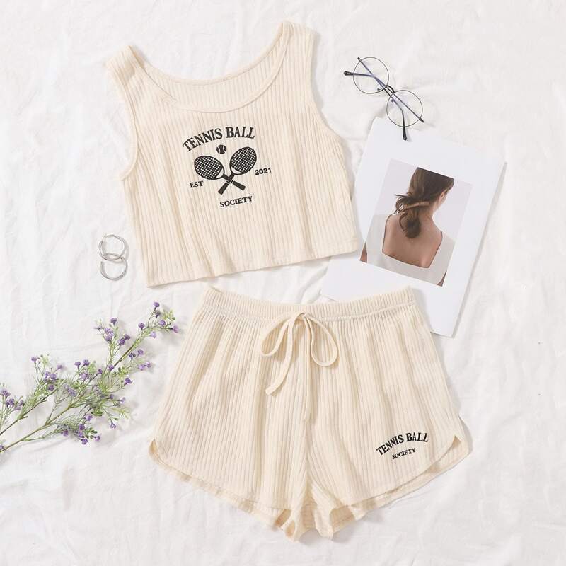 

Letter & Graphic Print Rib-knit Lounge Set, Beige