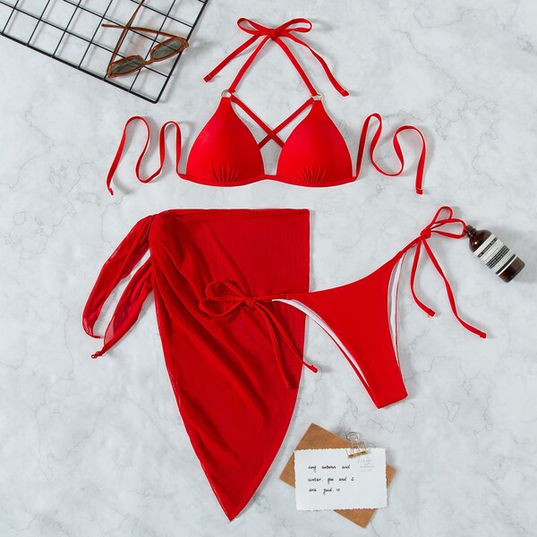 

3pack Solid Push Up Thong Bikini Swimsuit & Beach Skirt, Red