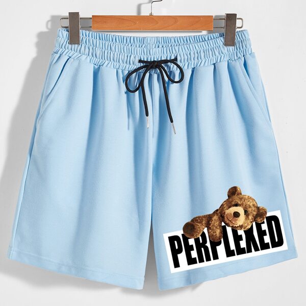 

Men Bear And Letter Graphic Shorts, Baby blue
