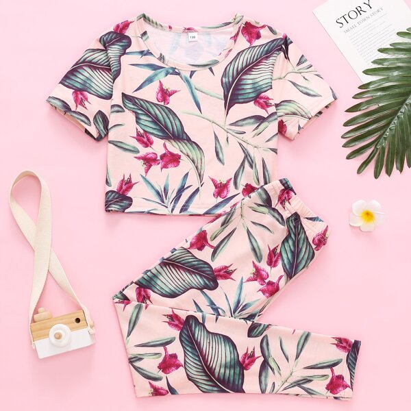 

Girls Tropical Print Crop Tee With Leggings, Multicolor