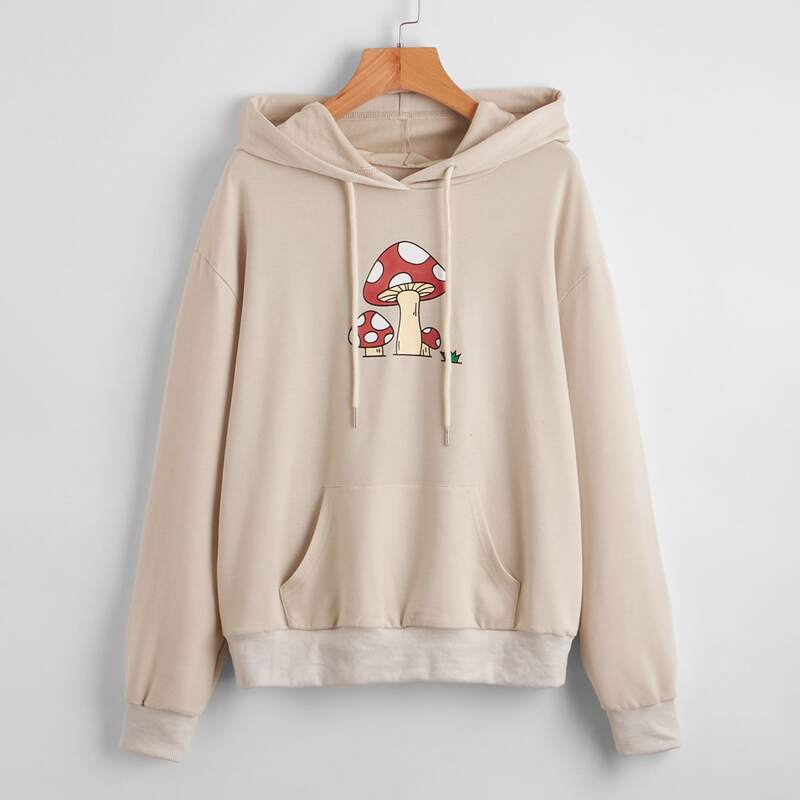 

Mushroom Graphic Drawstring Hoodie, Apricot