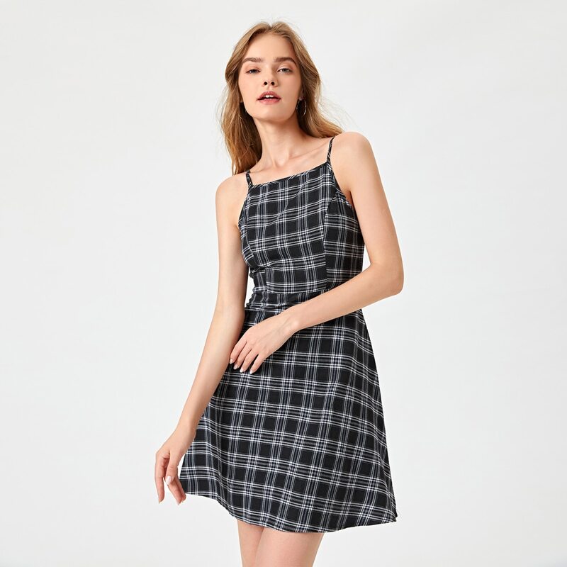 

Plaid Pattern Cami Dress, Black and white