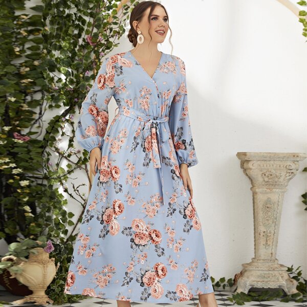 

Plus Surplice Neck Floral Print Belted Dress, Multicolor