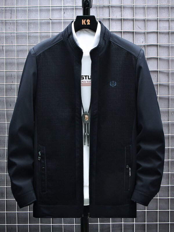 Manfinity Homme 男士刺繡細節拉鏈開襟夾克