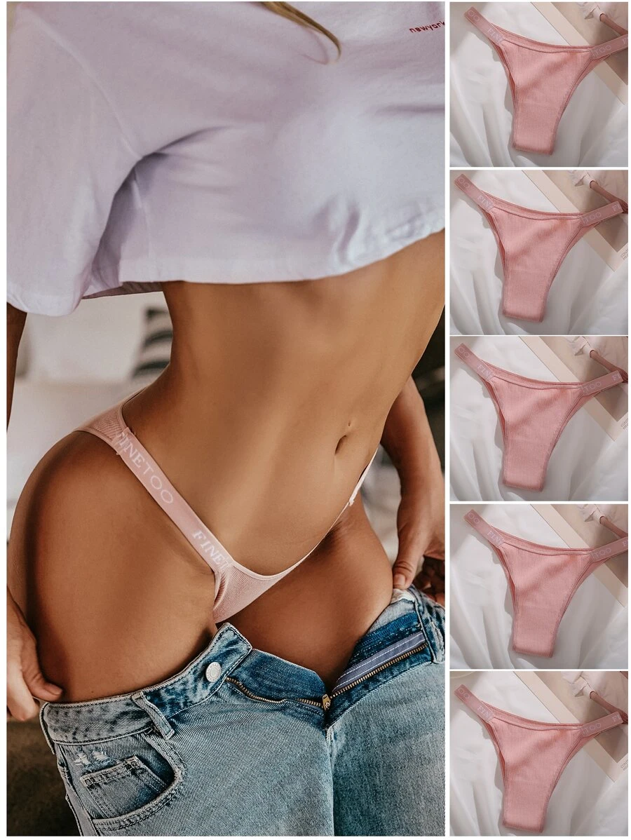FINETOO Bragas con cinta con letra tejida de canalé - Rosa vieja - Ver 1