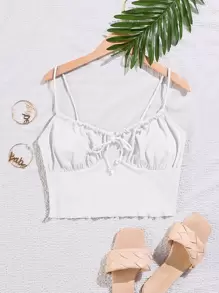 SHEIN Unity 女士休闲纯色褶皱吊带背心，适合日常穿着和度假 - 白色 - 查看 1