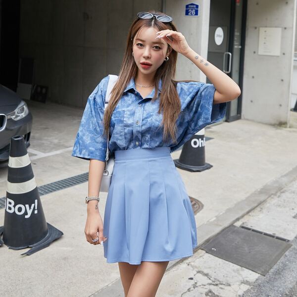 

High Waisted Pleated Skirt, Baby blue