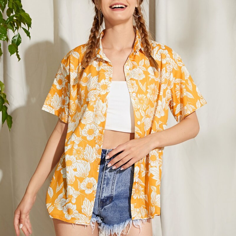 

Floral Graphic Button Front Blouse, Yellow