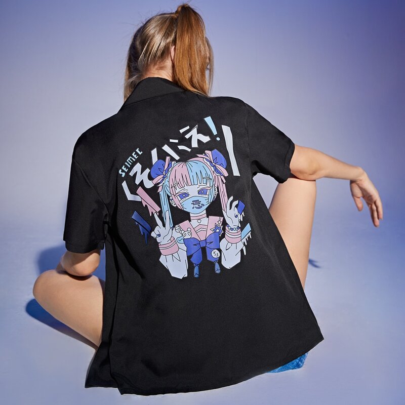 

Cartoon Figure Graphic Button Front Blouse, Black