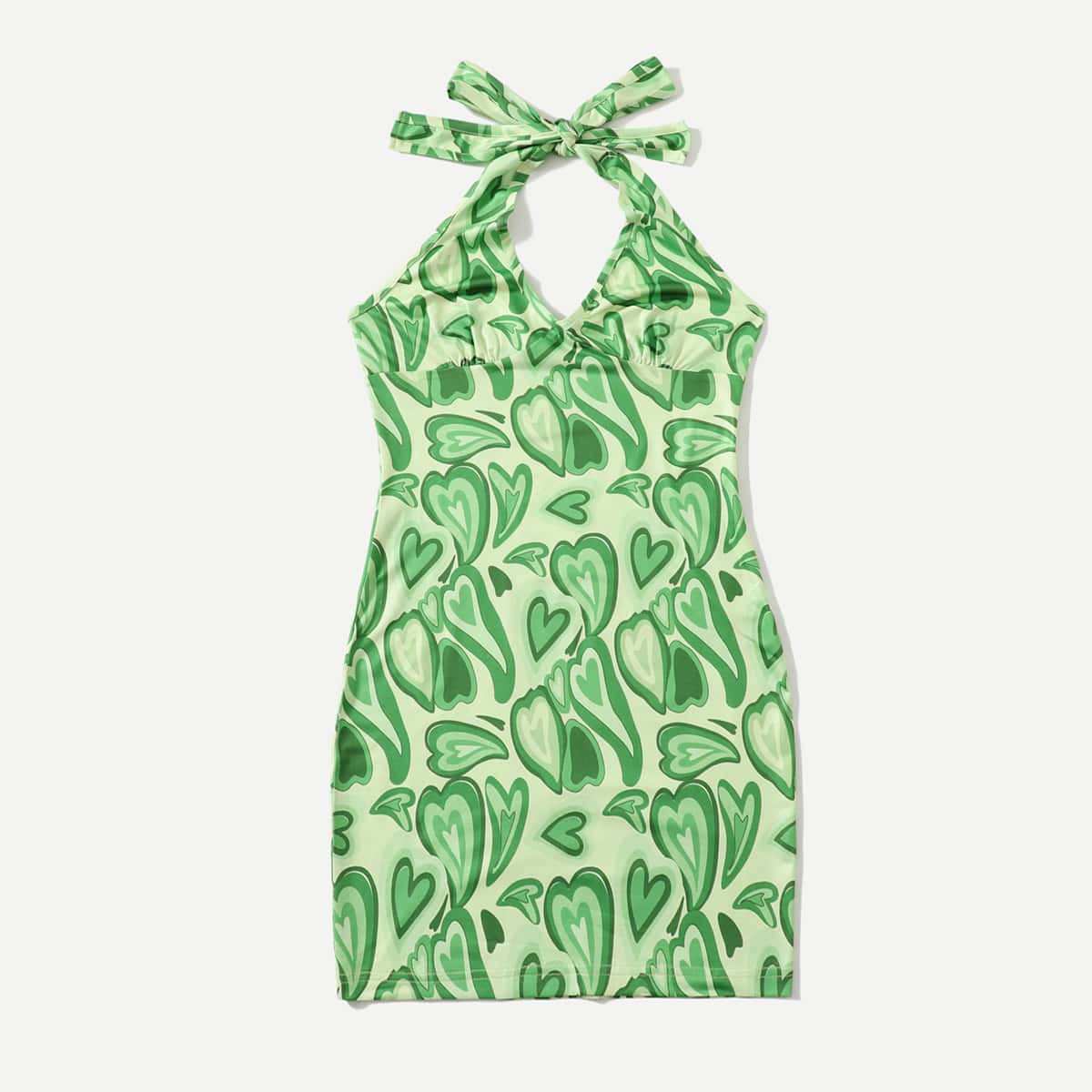 

Heart Print Halter Dress, Green