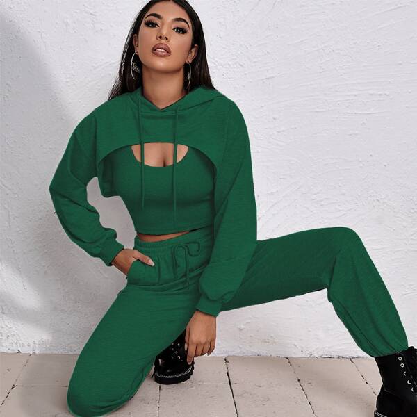 

Super Crop Drawstring Hoodie With Tank & Joggers Set, Dark green