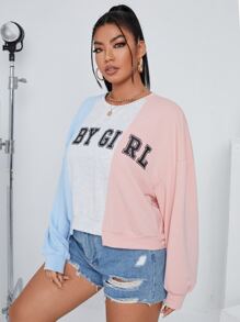 SHEIN EZwear Plus Letter Graphic Colourblock Drop Shoulder Sweatshirt - Multicolor - View 3