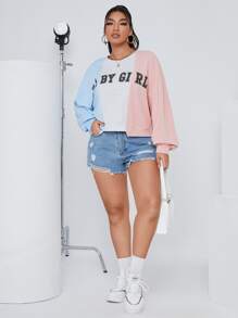 SHEIN EZwear Plus Letter Graphic Colourblock Drop Shoulder Sweatshirt - Multicolor - View 4