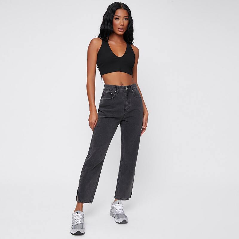 

Straight Leg Slit Hem Cropped Jeans, Dark grey