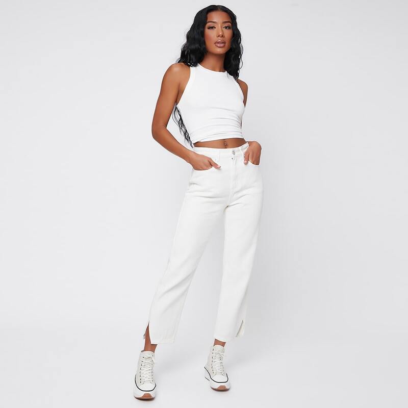 

Straight Leg Slit Hem Cropped Jeans, White