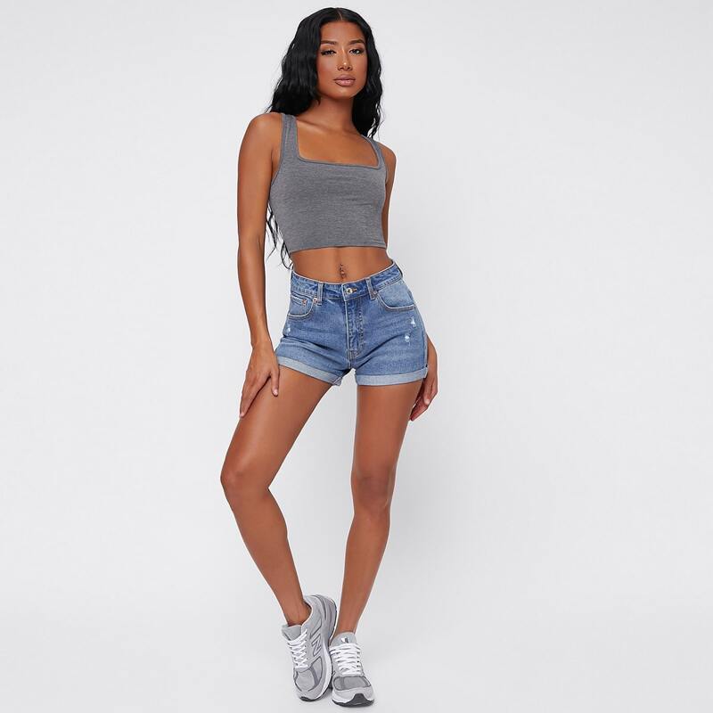 

Ripped Roll Hem Denim Shorts, Medium wash