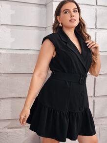 SHEIN Áo khoác cỡ lớn Thắt lưng Viên lá sen Nút phía trước màu trơn Giải trí - màu đen - Xem 1