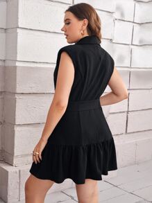 SHEIN Áo khoác cỡ lớn Thắt lưng Viên lá sen Nút phía trước màu trơn Giải trí - màu đen - Xem 2