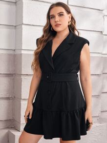 SHEIN Áo khoác cỡ lớn Thắt lưng Viên lá sen Nút phía trước màu trơn Giải trí - màu đen - Xem 3