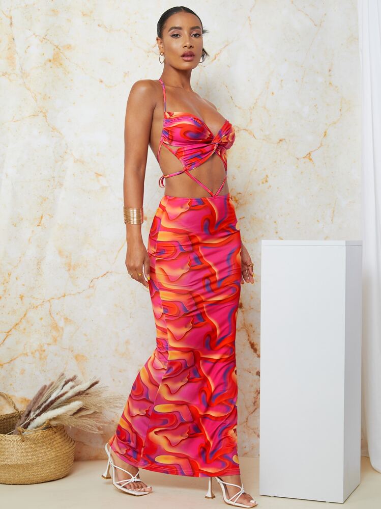 shein bae floral print tie backless sequin halter bodycon dress Splash Twist Front Tied Sleeve Length Occasion:VACATION Morilee Tobi 1050038 Satin Size:MEDIUM