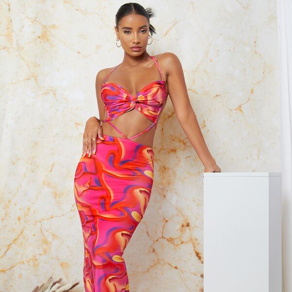 

Splash Print Twist Front Tied Backless Bodycon Dress, Multicolor