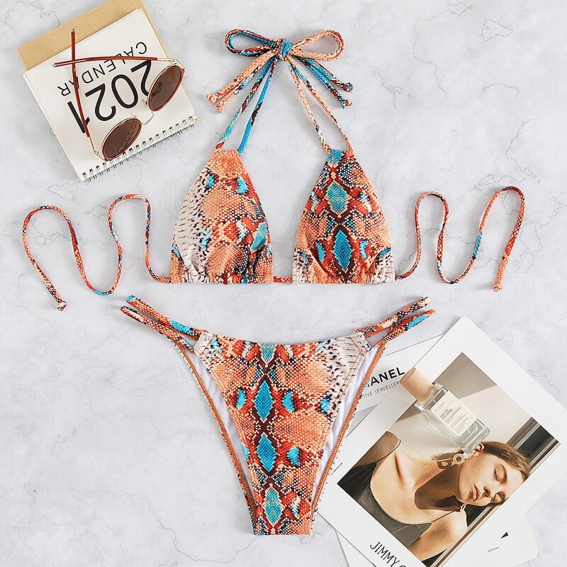 

Snakeskin Print Triangle Thong Bikini Swimsuit, Multicolor