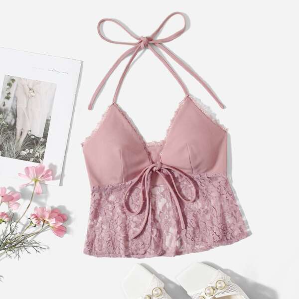 

Contrast Lace Tie Front Halter Top, Pink